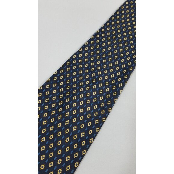 Huntington Mens Silk NeckTie Navy Yellow Geometric Diamond Pattern 57" Tie - Picture 3 of 9